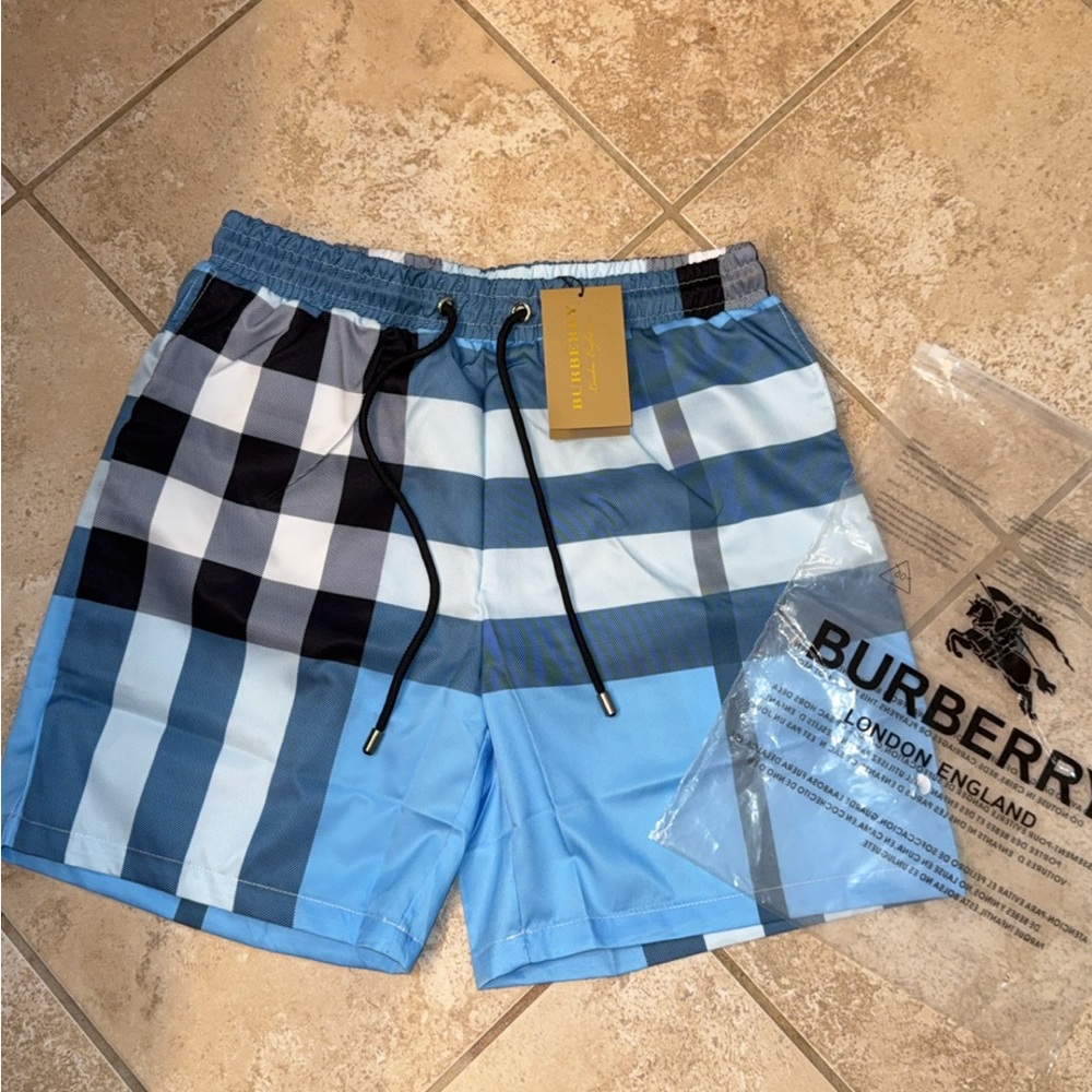 Burberry Men's Blue and Black Check Swim Trunks